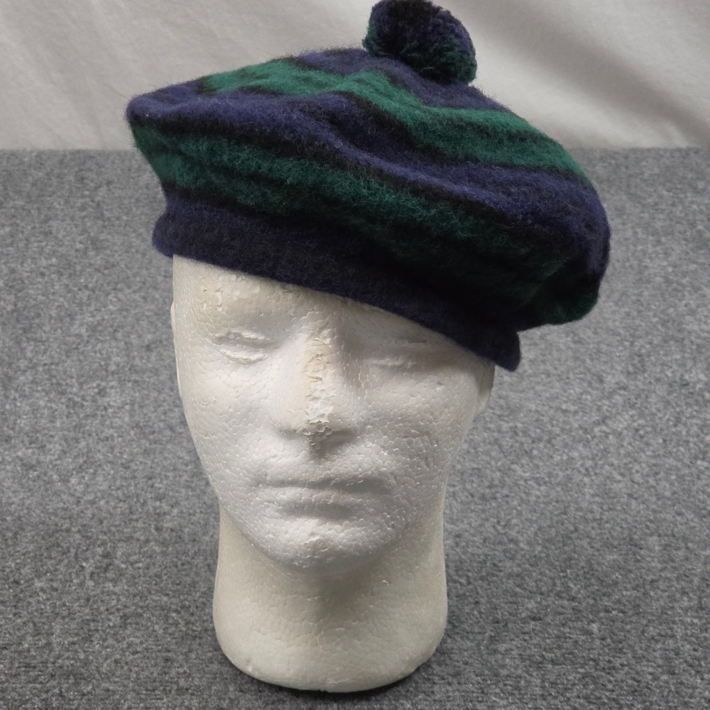 Vintage LL Bean Beret Tam Hat Blue Green Tartan Plaid Scottish Wool 80s 90s